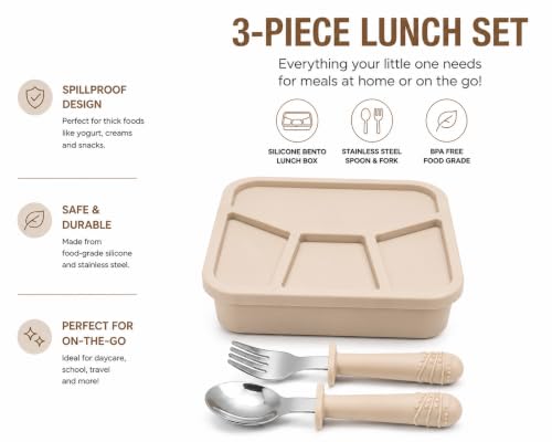 3-Piece Silicone Bento Lunch Box Set for Kids – Spoon & Fork Included, BPA Free, Dishwasher Safe, Reusable Lunch Container - color: Khaki