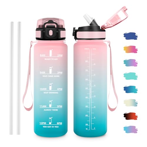 Water Bottle, 1L, BPA-Free, Water Bottle with Straw & Time Marker, Sports Bottle for Gym, Camping, Hiking, Bike, Yoga, Sports - color: 1000 ml | Pink + Cyan, size: 33.8 Ounces