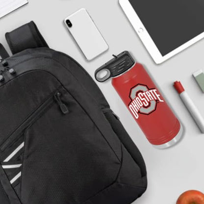 Ohio State University 32oz Stainless Steel Double Walled Red Beverage Bottle with Flip Straw Spout- College Gear for Playoff Season – For Office, Home or Auto – Show your Buckeye Pride - style: Ohio State / Red