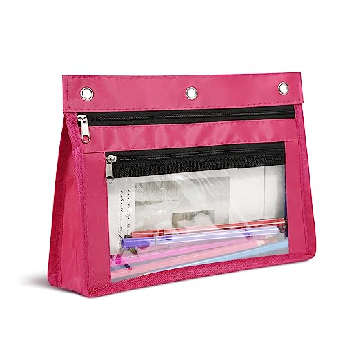 YoeeJob 1 Pack Pencil Pouch for 3 Ring Binder, Expandable Binder Pouches with Zipper, Large Capacity Pen Holder Case with Clear Window School Class Office Organizers, Rosy - color: Rosy