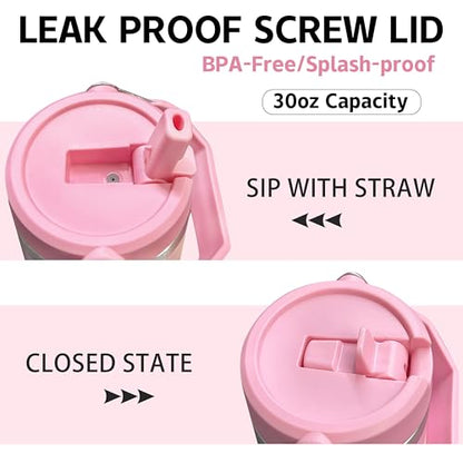 30 oz Flamingo Tumbler with Handle, Large Insulated Tumbler with Flip & Straw Coffee Mug Cup Stainless Steel Gifts for Women Men Youth - color: Pink