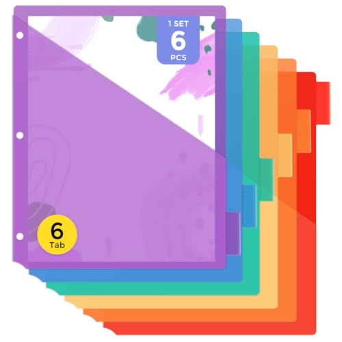 Binder Dividers with Pocket, Plastic Dividers for 3 Ring Binder with Tabs, Colorful Divider Folders, Notebook Dividers Subject Dividers with Front Pockets 6 Count