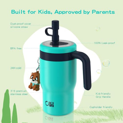 OISIZ 14oz Kids Tumbler with Straw Lid & Handle,Kids Cup with Animal Accessory for School,Kids Water Bottles with Dust-proof Cover,Leakproof Bottles,316 Stainless Steel,Keep Cold 24 Hours-dark green - color: grassland green