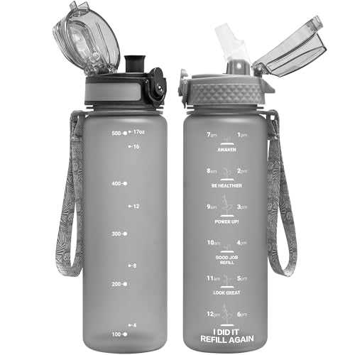 OLDLEY Kids Water Bottle for School, 17 oz (2 lids) BPA-Free Reusable Leak-proof Durable Tritan Plastic Water Bottles with Straw & Chug Lids, Anti-dust Spout Cover (Grey) - color: Grey, size: 16.9 Ounces
