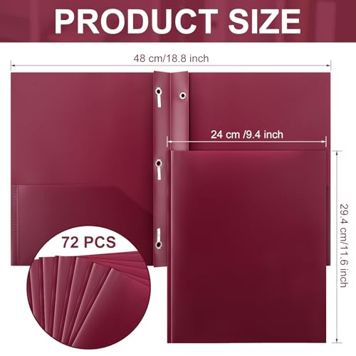 Cholemy 72 Packs Pocket Folders with Prongs Heavy Duty Plastic Folder with Business Card Slot 3 Prong Fasteners for School Office (Burgundy) - color: Burgundy