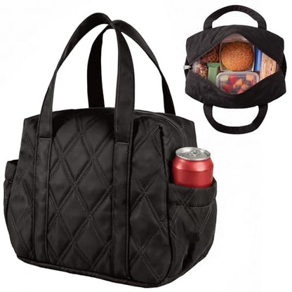 Quilted Puffer Lunch Bag for Women, Insulated Lunch Tote with Foil Lining, Leak-Resistant Reusable Lunch Cooler Bag, Roomy Soft Lunch Box for Work, School, Picnic and Travel (Black) - color: Black