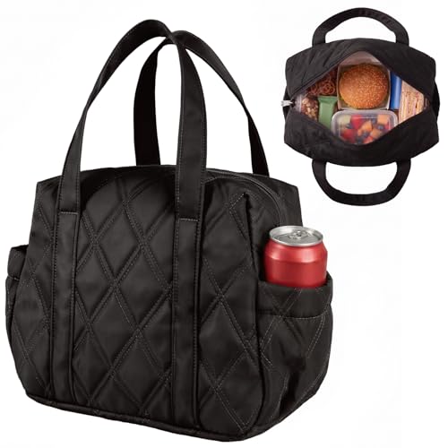 Quilted Puffer Lunch Bag for Women, Insulated Lunch Tote with Foil Lining, Leak-Resistant Reusable Lunch Cooler Bag, Roomy Soft Lunch Box for Work, School, Picnic and Travel (Black) - color: Black