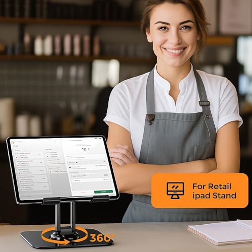 Heavy-Duty Adjustable Tablet Stand with 360° Rotation, Folding Base, Sturdy for Tablets, Phone, Laptop, Black - color: Black