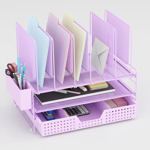 LEKETREE Desk Organizer, Office Organization with Vertical File Holder, File Organizer with Drawer and Pen Holder, Desk Accessories and Workspace Organizers for Home Office (Purple) - color: Purple