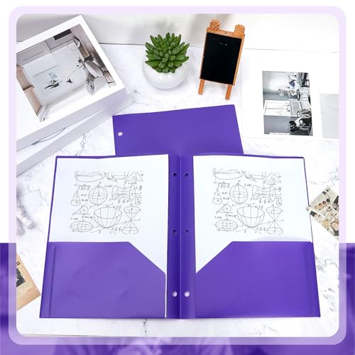 Yeaqee 50 Pcs Plastic Folders with Pockets Bulk 3 Hole Punched 2 Pocket File Folders for 3 Ring Binder Divider Folder for Notebooks, Durable Poly for Office Home (Purple) - color: Purple