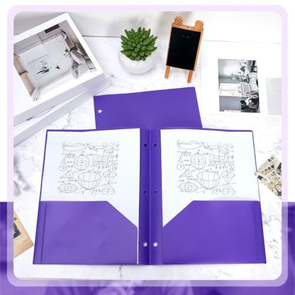 Yeaqee 50 Pcs Plastic Folders with Pockets Bulk 3 Hole Punched 2 Pocket File Folders for 3 Ring Binder Divider Folder for Notebooks, Durable Poly for Office Home (Purple) - color: Purple