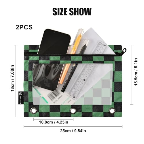 Darksage Chessboard Binder Pouches 3 Ring for Boys Girls School Office College Supplies Black Buffalo Plaid Seagreen Pencil Pouches Case Bag with Clear Window and Zipper 2 Pack - color: Darksage