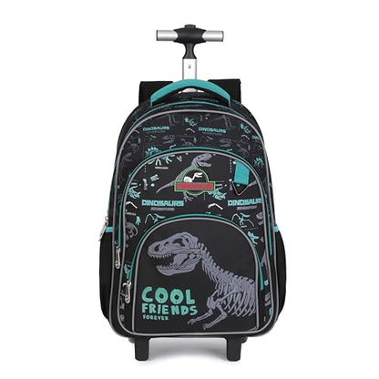 Kids Rolling Backpack for Boys, 5 PCS Cartoon Wheeled Backpack Set with Lunch Bag & Pencil Case, Durable Backpack with Wheels for School, Travel & Daily Use (Green) - color: Dinosaur Black