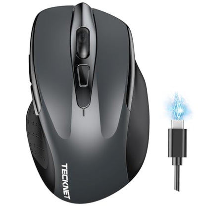 TECKNET Wireless Mouse, BT 5.0/2.4G, Rechargeable 6-DPI Silent, Grey | Bluetooth 5.0/3.0 & USB A, 2-Device Easy Switch, Wide OS Compatible, 6 Buttons, 6-DPI up to 4800, Ergonomic for S to M Hands - color: Grey