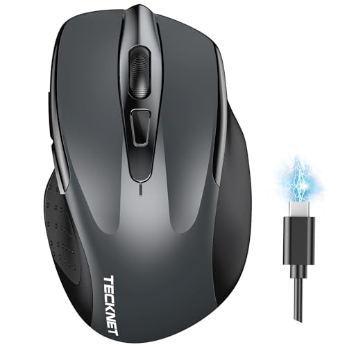 TECKNET Wireless Mouse, BT 5.0/2.4G, Rechargeable 6-DPI Silent, Grey | Bluetooth 5.0/3.0 & USB A, 2-Device Easy Switch, Wide OS Compatible, 6 Buttons, 6-DPI up to 4800, Ergonomic for S to M Hands - color: Grey