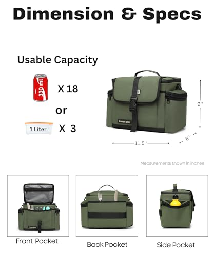 SUNNY BIRD Large Lunch Bag, Thermally Insulated Soft Cooler with Shoulder Strap for Women, Men (Khaki Green) - color: Khaki Green