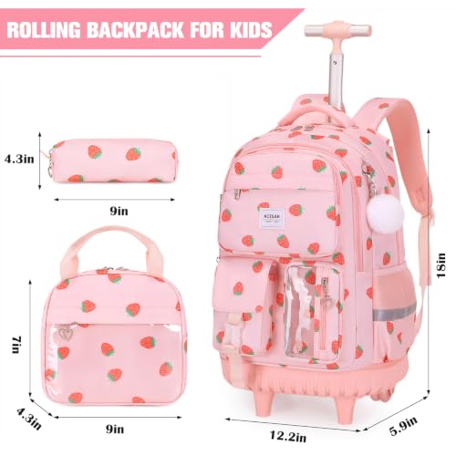 ACESAK Rolling Backpack for Girls, Roller Backpack with Lunch Bag & Pencil Pouch for Teen Girls Kids, Bookbag Backpack with Wheels for Women Elementary Middle High School Travel (Pink Strawberry) - color: Pink Strawberry