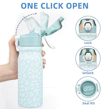 BJPKPK Insulated Water Bottle 18oz Stainless Steel Water Bottles with Straw and Carry Handle Double Wall Metal Thermal Flask,Light Blue Leopard - color: A-Light Blue Leopard, size: 18 Ounces