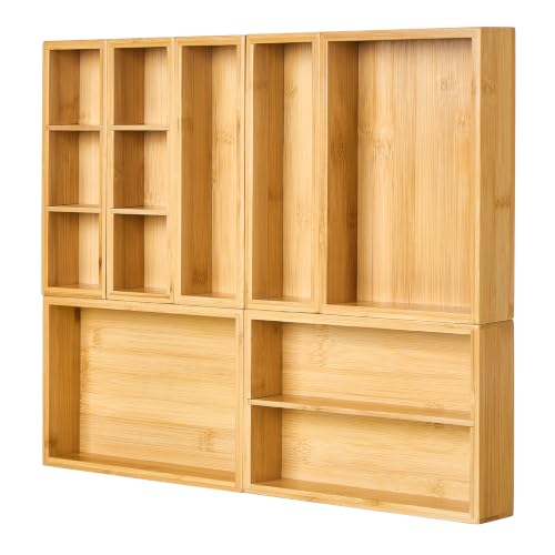 Vtopmart Bamboo Drawer Organizer Boxes - Set of 7 Multi-purpose Wooden Storage Dividers for Kitchen, Bathroom, Office, Desk, Makeup, Jewelry & More, Non-Slip Junk Drawer Organizer Trays for Storage - style: 7 Boxes