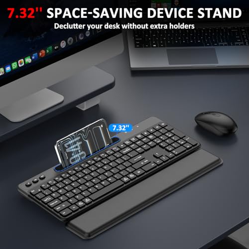 Wireless Keyboard and Mouse Combo, 2.4G Full-Sized Ergonomic Computer Silent Keyboard with Soft Wrist Rest, Phone Tablet Holder, 3 DPI Quiet Mouse for Windows, Mac OS Laptop/PC/Desktop