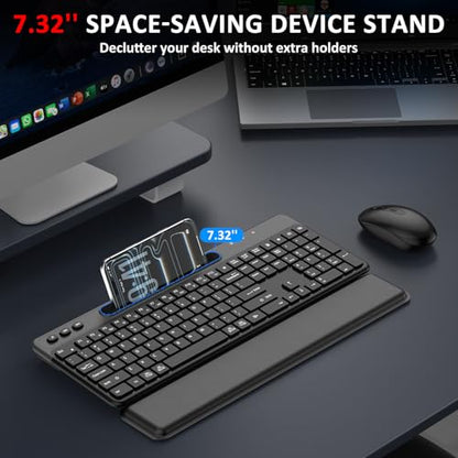 Wireless Keyboard and Mouse Combo, 2.4G Full-Sized Ergonomic Computer Silent Keyboard with Soft Wrist Rest, Phone Tablet Holder, 3 DPI Quiet Mouse for Windows, Mac OS Laptop/PC/Desktop