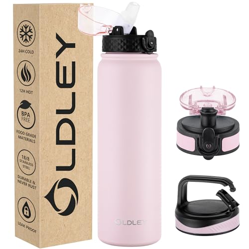 Oldley Insulated Water Bottle 32oz Water Bottles with Straw, Stainless Steel Water Bottle with 3 Lids, Double Wall Vacuum Bottels for Adults Kids, Leak-Proof Sport Bottles for School Travel, Pink - color: Pink, size: 32 Ounces