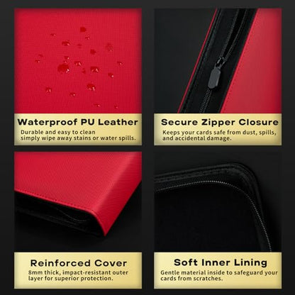 9-Pocket Trading Card Binder, PU Leather Zip Card Binder Album Holds 900 Cards for TCG, Sports Cards, Collectible Cards（RED） - color: Red
