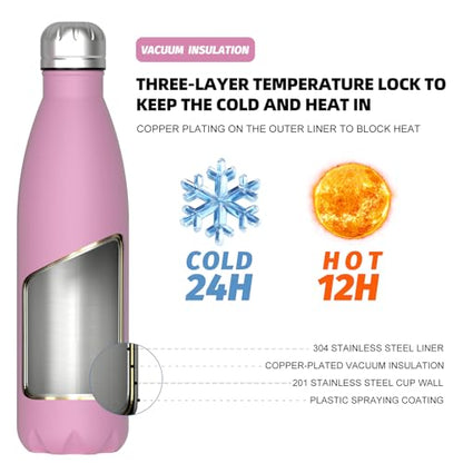 WATERSY Stainless Steel water bottles,17oz/500ml Insulated Water Bottles,Gloss Pink metal water bottle Keeps Drink Cold and Hot,BPA Free kids water bottles for School,Gym,Travel,Sports - color: Gloss Pink