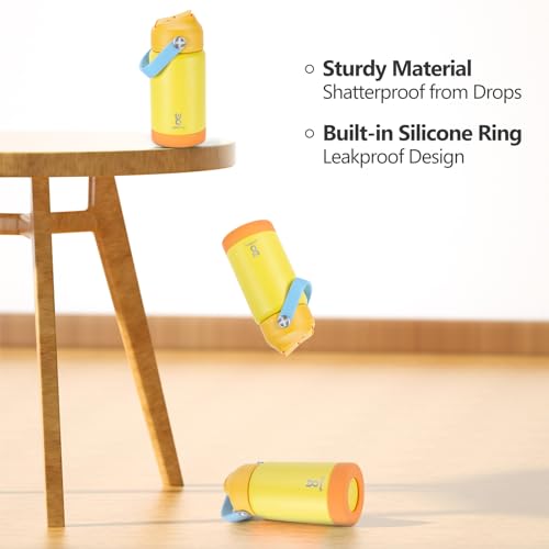 Kids Insulated Water Bottle with Straw Lid & Silicone Handle,12oz Kids Leak Proof Water Bottle for School Boys Girls,Double Wall Vacuum Stainless Steel with Non-slip Silicone Base(Yellow) - color: Yellow, size: 12 Ounces