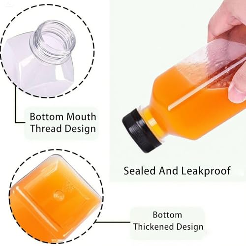 Plastic Juice Bottles with Caps 10pcs 12oz, Reusable Juice Containers with Black Tamper-Evident Lids, Clear Bottles for Juicing, Milk, Smoothie Bottle, Drinking with 10 Labels, Brush and Funnel