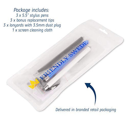 The Friendly Swede Stylus Pen 3-Pack, 5.5in Replaceable Thin Tip | 3 spare tips, Black/Blue/White, 3 Elastic Lanyards, Microfiber Cleaning Cloth Included, Pen for Touchscreen - color: Black/Blue/White