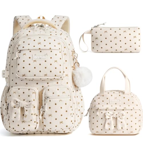 Fimibuke 3PCS Corduroy Backpack for School Girls with Lunch Box Pencil Case | Lightweight Teen Girls Bow backpack, Kids School Bag Bookbag for Elementary Middle High School Supplies Laptop Travel Daypack - color: Beige Polka Dot