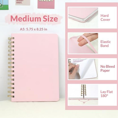 SUNEE Lined Spiral Journal Notebook for Women, 146 Pages College Ruled Hardcover Journaling Notebook for Work, Note Taking and Office School Supplies, A5 - Pink - color: Pink