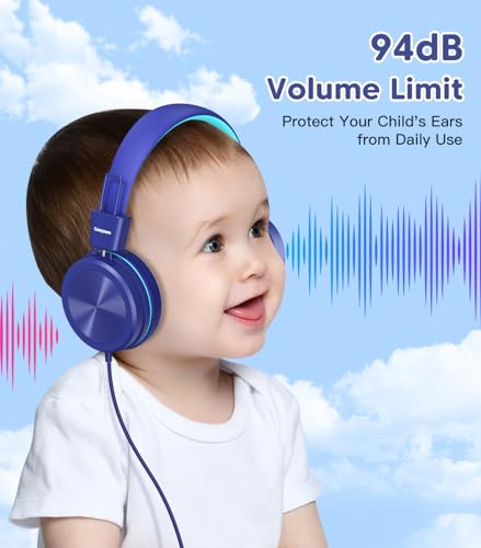 Cowyawn Kids Headphones, Toddler Headphones with Safe Volume Limiter 94dB, Wired School Headphones for Kid, 3.5mm Adjustable On-Ear Headphone for Boys/Girls/Children/Teens/iPad/Computer, Dark Blue - color: Dark Blue