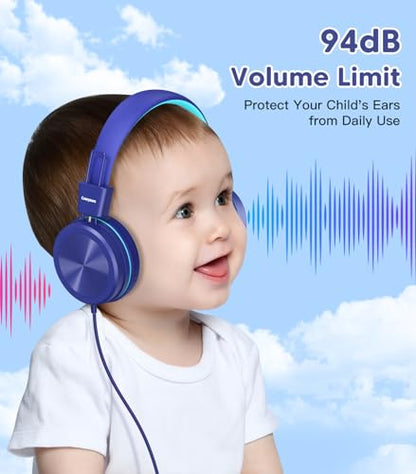 Cowyawn Kids Headphones, Toddler Headphones with Safe Volume Limiter 94dB, Wired School Headphones for Kid, 3.5mm Adjustable On-Ear Headphone for Boys/Girls/Children/Teens/iPad/Computer, Dark Blue - color: Dark Blue
