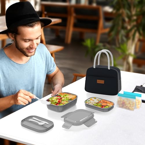 JBGOYON Leakproof Bento Box & Insulated Lunch Bag Set, 4-Piece, Black | 6-hour thermal retention, includes nested knife fork spoon, 2 reusable snack pouches, designed for adults and kids - color: Black