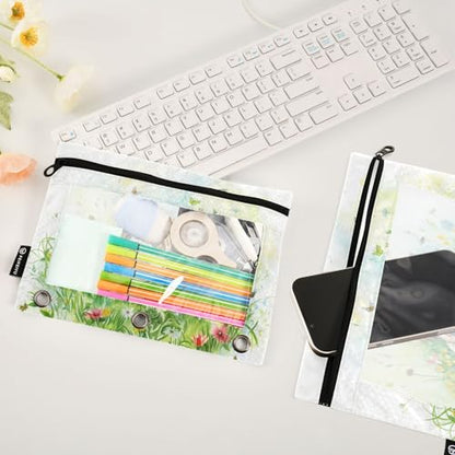 Fustylead Bulldog Puppy Dogs Flowers Pencil Pouch for 3 Ring Binders, Zipper Pencil Bags with Clear Window Organizer for Cosmetic Office School Students 2 Pack - color: Bulldog Puppy Dogs