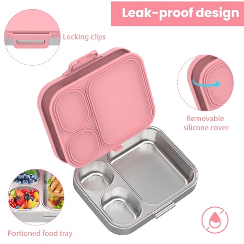 Pawtong Stainless Steel Bento Lunch Box for Kids | 3-Compartment Lunch Box Container Kids | 100% Leakproof, Eco-Friendly, Perfect Portion Control for Kids&Adult Healthy Meals (Pink) - color: Pink