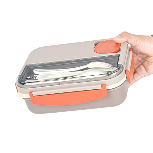 Restaurantware-Bento Tek 43.9 Ounce Bento Box, 1 Reusable Lunch Container - With Cutlery, Does Not Contain BPA, Brown And Orange Plastic Reusable Lunch Box, Sauce Cup Included, Microwavable - size: 1 Count, style: 44 oz - Brown