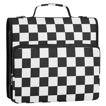 Fisyme Black and White Checkerboard Plaid Zipper Binder 3 Ring with Zipper and Shoulder Strap Large Capacity Multi-Pocket Binder Organizer - color: Multi-black White