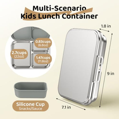 Pawtong Stainless Steel Bento Box for Kids and Adults, 3 Compartment Leakproof Lunch Box with Removable Silicone Seal and Silicone Contianer, Metal Lunch Container for School, Work and Travel (Grey) - color: Gray