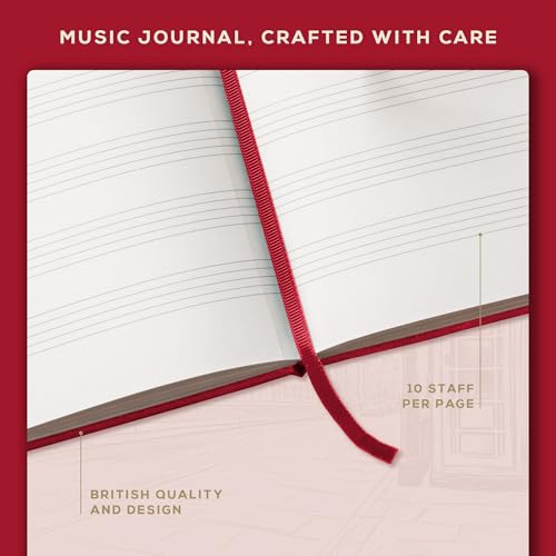 Beechmore Books Blank Sheet Music Notebook – A4 8.5"x11.5" for Songwriters, Musicians & Composers, 156 Thick 120gsm Pages, 10-Staff Perforated Sheets, Vegan Leather Hardcover, Elastic Closure, Gift Box - color: Scarlet Red