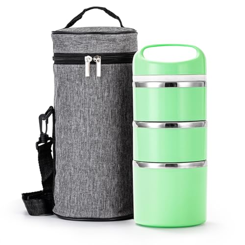 Lille Home Stackable Stainless Steel Thermal Compartment Lunch/Snack Box, 3-Tier Insulated Bento/Food Container with Lunch Bag and Three Extra Seals, 43OZ (Green) - color: Green