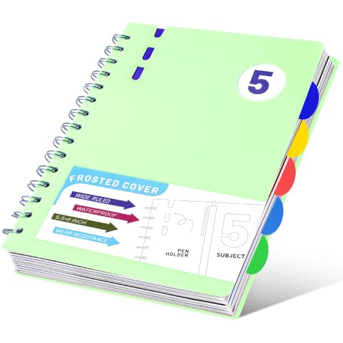 FLYING EAGLE 5 Subject Notebook Wide Ruled Spiral Notebook 5x7, A5 Small Notebook with Remoable Dividers, Hardcover Notebooks for Work, 204 Pages Lined Journal for Women, Green - color: C.Green, size: A5(5.5x8in)-1 Pack