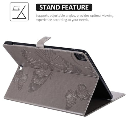 Dteck Wallet Case for iPad Air 13 Inch M2 2024 & iPad Pro 12.9 2022/2021/2020/2018 with Pencil Holder,Embossed Butterfly Auto Sleep/Wake PU Leather Smart Stand Girls Cute Folio Pocket Cover,Gray - color: 10 Gray