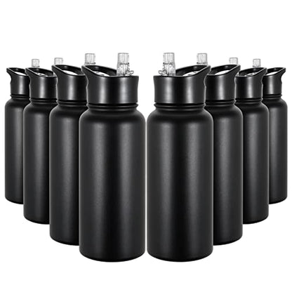 32 oz Insulated Water Bottle Bulk 8 Pack, Stainless Steel Sports Water Bottles with Straw Lid & Wide Mouth Lids, Double Walled Vacuum, Leak Proof, Black - color: Black, size: 32 Ounces-8