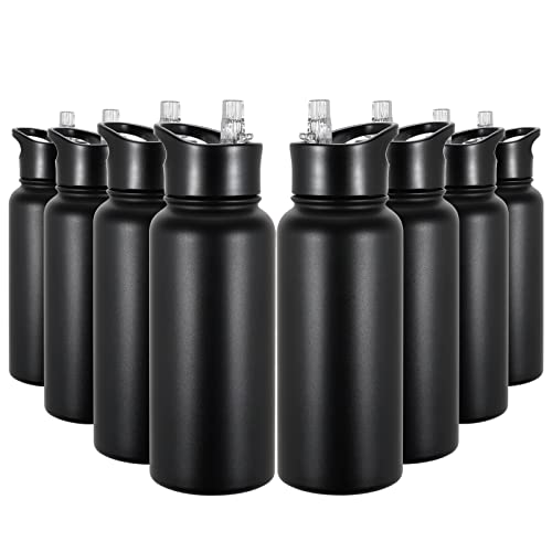 32 oz Insulated Water Bottle Bulk 8 Pack, Stainless Steel Sports Water Bottles with Straw Lid & Wide Mouth Lids, Double Walled Vacuum, Leak Proof, Black - color: Black, size: 32 Ounces-8