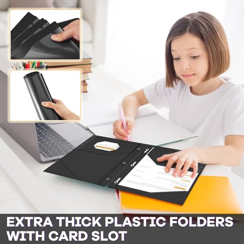 Henoyso 18 Pcs Plastic Folder with Clear Front Pocket and 3 Prong Plastic Folders with Card Slot Pocket Folders with Prongs for School Office (Black) - color: Black