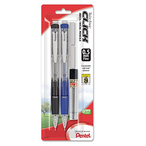 Pentel Twist-Erase Click Mechanical Pencil, (0.5mm), Assorted Barrels, 2 Eraser Refills and Lead, Color May Vary, Pack of 2 (PD275TLEBP2)
