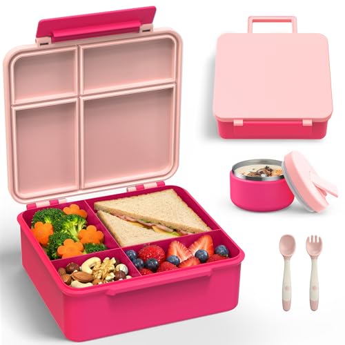 LOHASOK Bento Lunch Box Kids with 8oz Soup Thermo, Leak-Proof Lunch Containers with 4 Compartment, Thermo Hot Food Jar and Insulated Lunch Box for School for Girls Pink - color: Pink